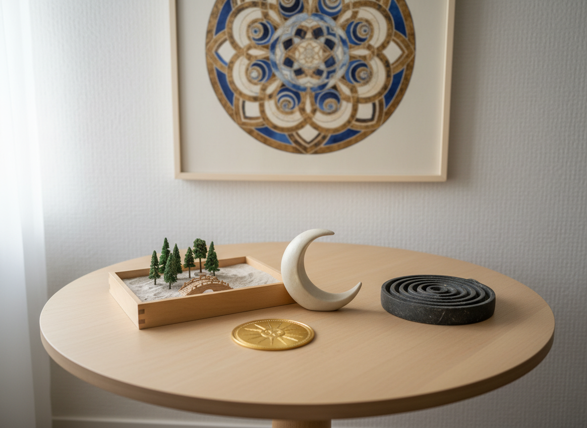 An inviting symbolic corner of a Jungian therapy space, without any people, featuring a low round table made of light, matte-finished wood holding a collection of carefully chosen archetypal objects: a small sand tray with miniature trees and a bridge, a delicate ceramic moon, a golden sun medallion, and a tiny labyrinth sculpture. Behind the table, a textured off-white wall displays a framed, abstract mandala artwork in muted blues and golds. Soft, indirect natural light from the side creates subtle highlights and soft shadows, emphasizing texture. Photographic realism, captured from a slightly elevated angle with shallow depth of field, conveying an atmosphere of inner exploration, symbolism, and calm, ideal for illustrating Jungian analytic work and symbolic processes.