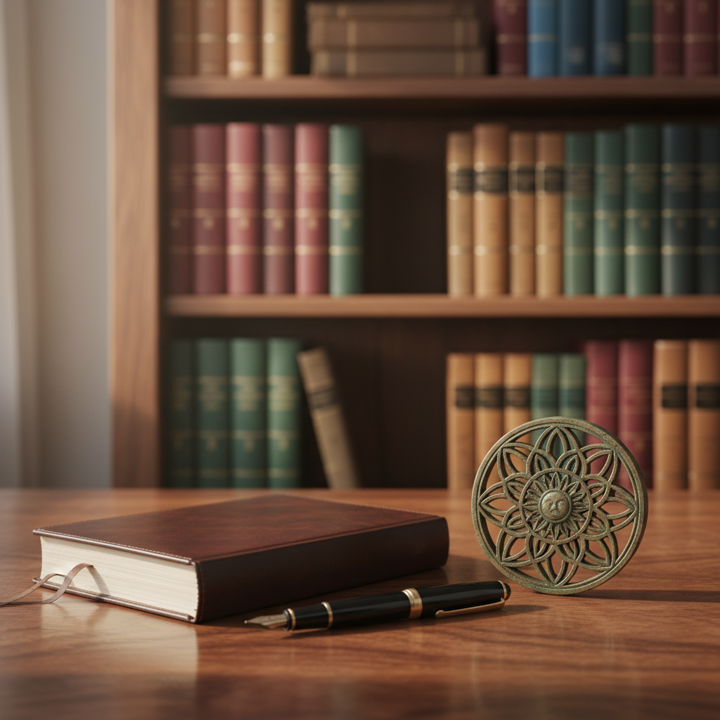 A close-up of a polished wooden desk in a quiet analytic psychology office, no people visible, with a dark leather-bound notebook slightly open next to a classic fountain pen and a small bronze sculpture of a mandala. Behind them, softly out of focus, are shelves of neatly arranged books on Jungian analysis, archetypes, and dreams in earth-toned covers. Soft, diffused morning light from an unseen window creates a gentle glow on the desk’s wood grain and subtle reflections on the pen’s metal details. Photographic realism, shot at a slight diagonal from desk level, with a professional, contemplative mood that conveys depth, structure and intellectual rigor in psychological practice.