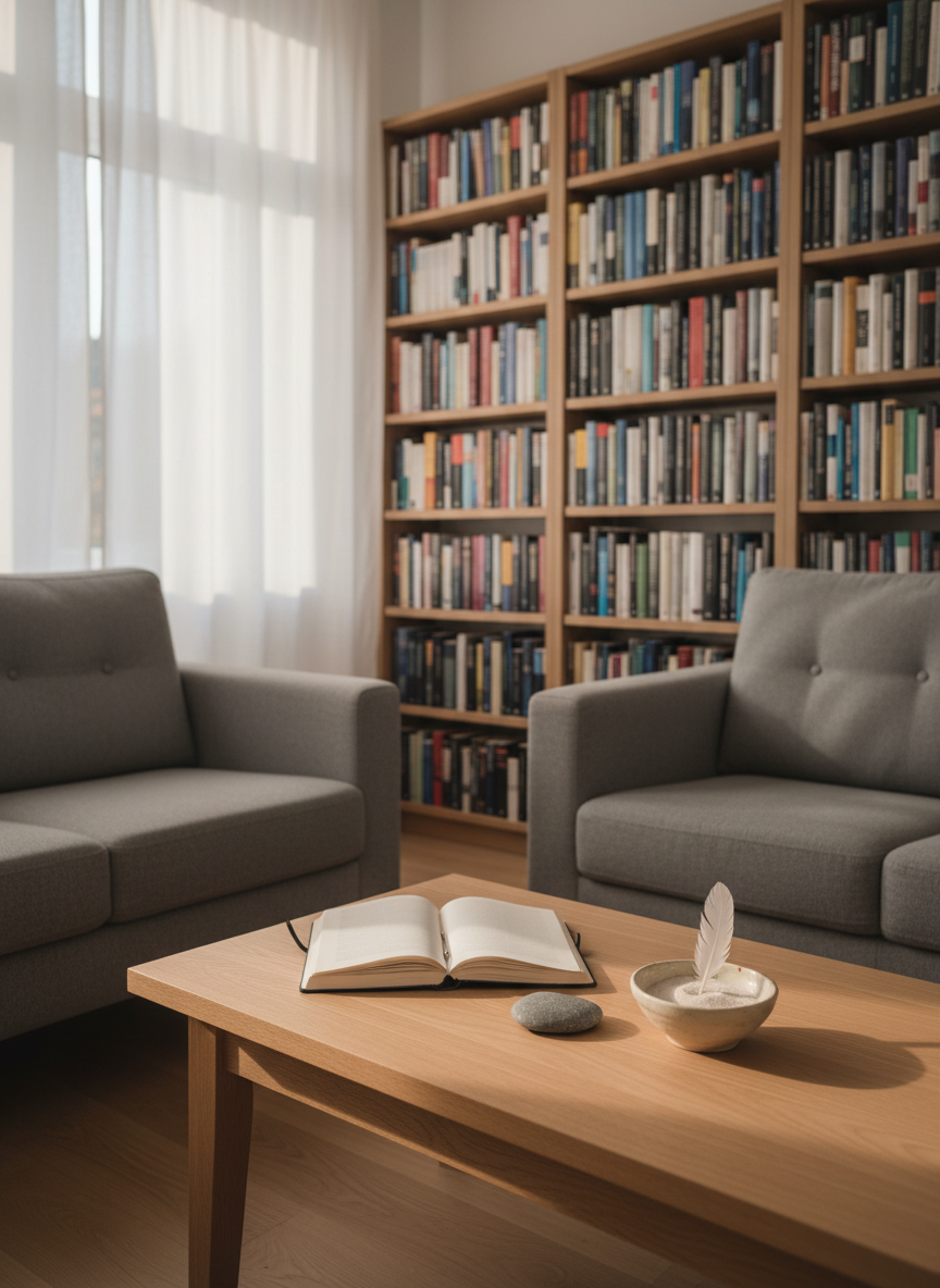 A calm, meticulously organized Jungian analytic therapy room without any people, featuring a soft gray fabric armchair and a matching sofa facing a low, light oak coffee table. On the table rests an open, cream-colored journal, a smooth river stone, and a small ceramic bowl with sand and a single feather, symbolizing introspection. Floor-to-ceiling bookshelves in the background hold orderly rows of psychology and mythology books with muted spines. Warm late-afternoon natural light filters through sheer white curtains, casting gentle, elongated shadows. Photographic realism, eye-level composition with a slightly shallow depth of field focuses on the symbolic objects, creating a serene, professional and welcoming atmosphere suitable for a Jungian psychologist’s homepage hero image.