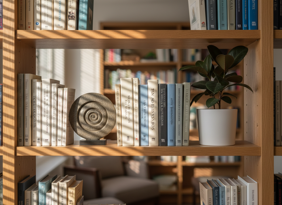 A serene bookshelf vignette in a Jungian psychologist’s office, no people present, focusing on a middle shelf lined with carefully arranged books about dreams, individuation, and the unconscious, their spines in harmonious tones of cream, taupe and soft blue. A small, smooth stone sculpture of a spiral and a dark green leafy plant in a simple white ceramic pot break the linear pattern of books. Warm, late-morning natural light slants in from the left, creating delicate bands of light and shadow across the book spines and highlighting the plant’s textures. Photographic realism, shot straight-on with a moderate depth of field that keeps all titles readable, conveying a professional, grounded, and reflective atmosphere aligned with serious psychological work.